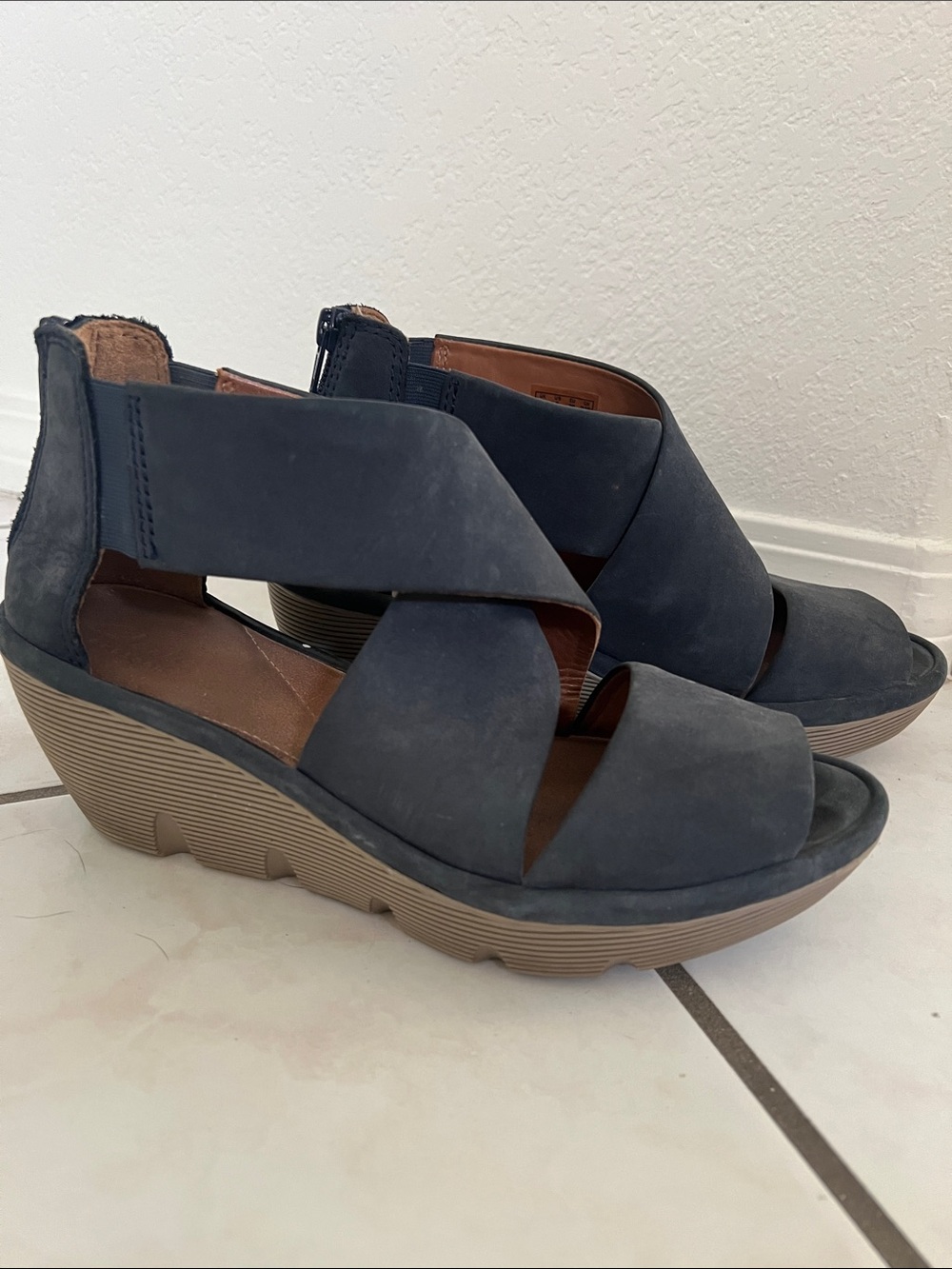 Clarks Women’s Navy Wedge Sandals - Comfortable Crossband Peep Toe